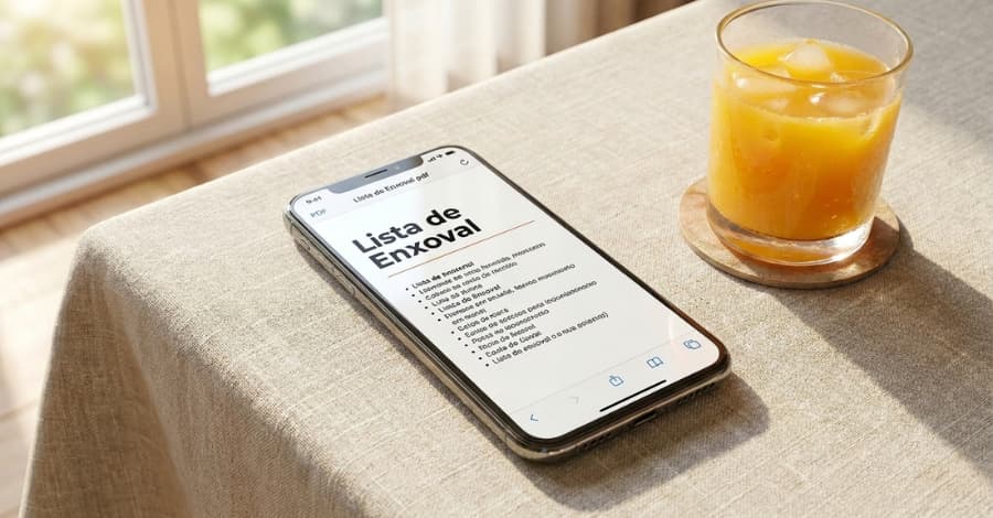 Um smartphone sobre uma toalha colorida exibindo o checklist em PDF pronto para baixar com a lista de enxoval de casa nova de nova.