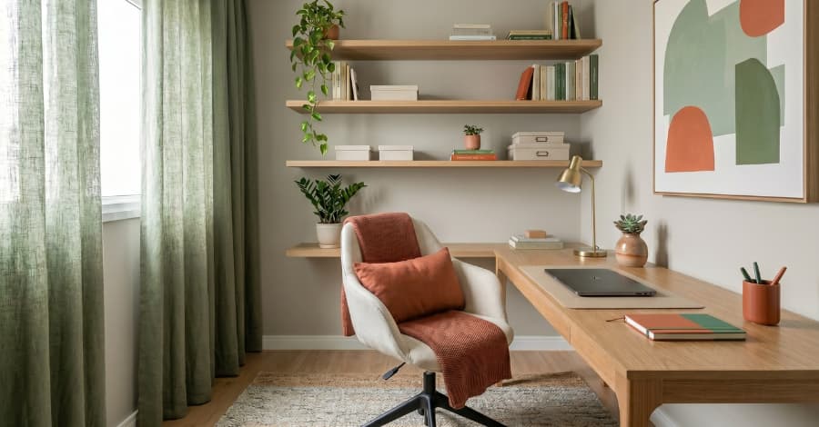 Um canto de home office bem projetado demonstrando a regra de cores 60-30-10, com paredes neutars e cortinas verde-sage, uma cadeira neutra com manta terracota, e prateleiras de madeira com organização e plantas, exemplificando a harmonia de cores e texturas.
