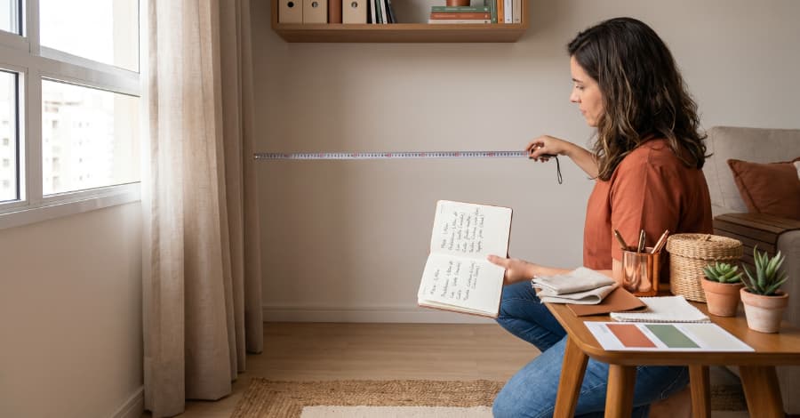 Mulher sentada no chão planejando o home office, medindo a parede com uma fita métrica e segurando um caderno de anotações.