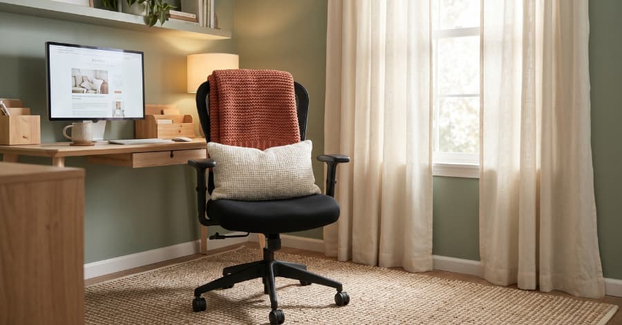 Cadeira de escritório ergonômica decorada com manta de tricô e almofada, posicionada sobre um tapete tramado ao lado de cortinas claras.