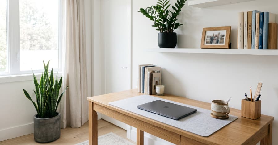 Uma mesa de madeira de home office com um laptop fechado, com vasos de plantas na decoração, ilustrando um ambiente de trabalho com um "toque de natureza".
