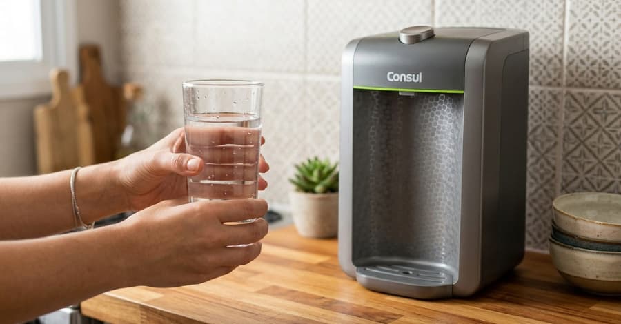 pessoa segurando um copo de água do retirada do Purificador de água Consul CPC31AF que está sobre a bancada da cozinha