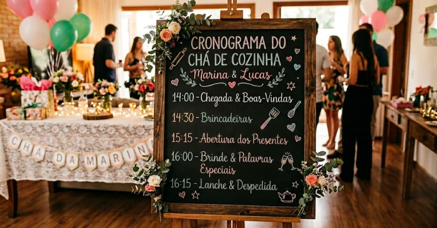 Roteiro de programação de chá de panela escrito em lousa decorada com horários e atividades da festa.