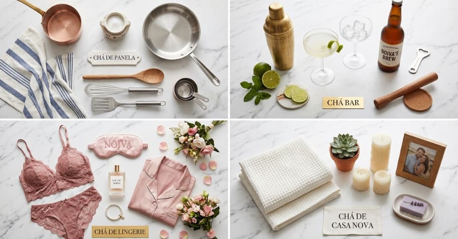 Comparação visual entre itens de chá de panela tradicional com panelas e utensílios, itens de chá bar com taças, coqueteleira e abridor de garrafas, itens de chá de lingerie peças íntimas e itens de enxoval de casa nova com itens de enxoval para casa toda.