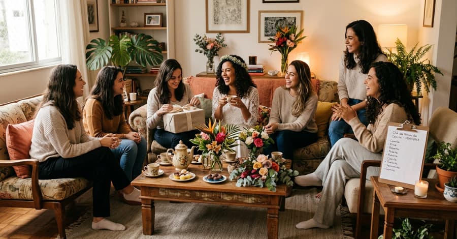 Grupo íntimo de amigas e familiares reunidas em um chá de panela simples e aconchegante em casa.