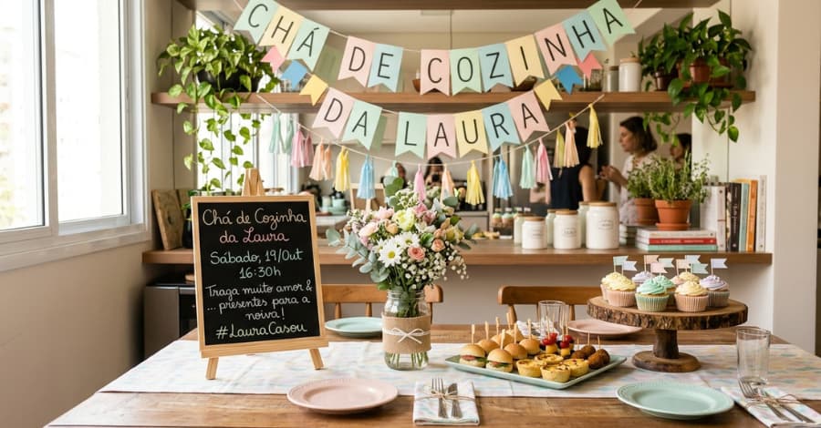Mesa decorada de forma simples e criativa para um chá de panela com flores, docinhos e decoração artesanal.