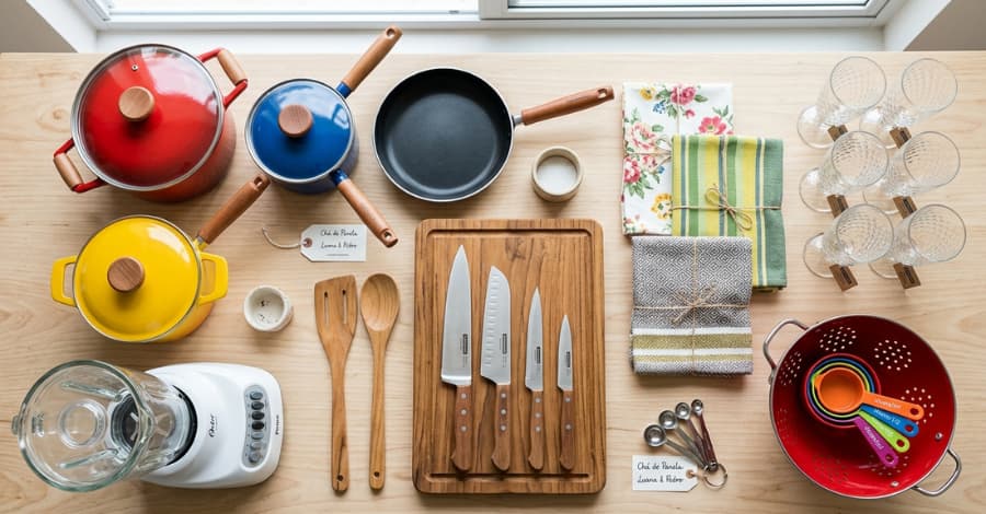 Lista de presentes para chá de panela com panelas, eletrodomésticos, utensílios de cozinha e itens domésticos organizados sobre superfície de madeira clara.