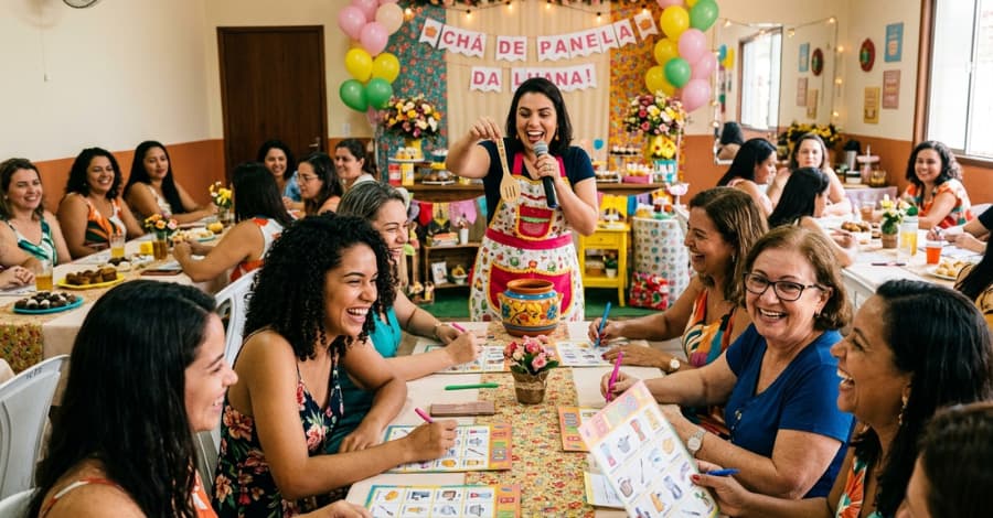 Mulheres animadas participando de brincadeira de bingo em um chá de panela divertido e decorado.