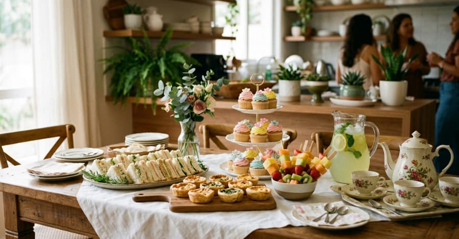 Mesa de frios e docinhos para chá de panela com sanduíches, quiches, frutas e cupcakes decorados