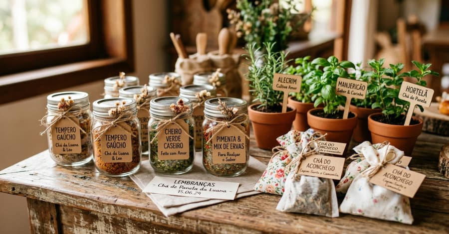 Lembrancinhas artesanais para chá de panela com potes de tempero, ervas em vasinhos e sachês de chá personalizados.