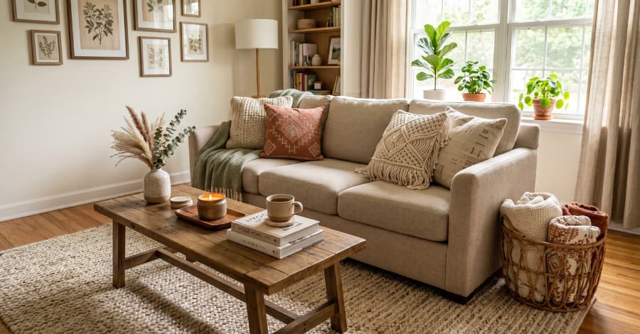 Decoração aconchegante destacando peças essenciais de um enxoval para sala, como almofadas, mantas e tapete em tons neutros e terrosos.