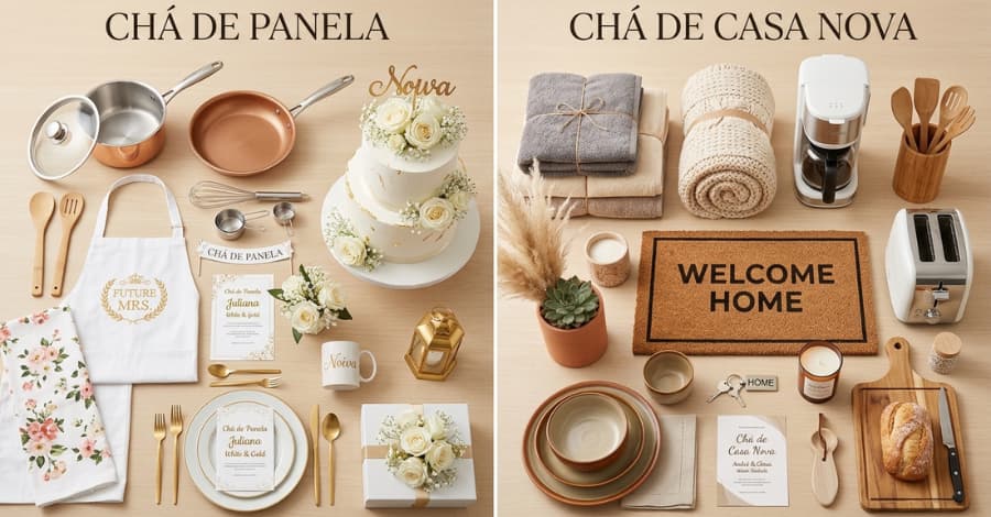 Comparação visual entre chá de panela e chá de casa nova, mostrando os diferentes tipos de presentes e decorações de cada evento.