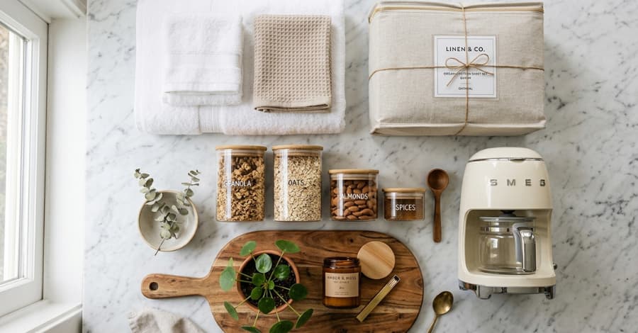 Flat lay com itens essenciais para a lista do chá de casa nova, incluindo toalhas, jogo de cama, utensílios de cozinha e itens decorativos.
