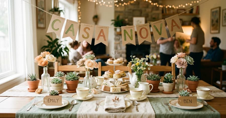 Mesa decorada com plantas, flores de papel e faixa personalizada para um chá de casa nova com paleta de cores em verde, terracota e creme.
