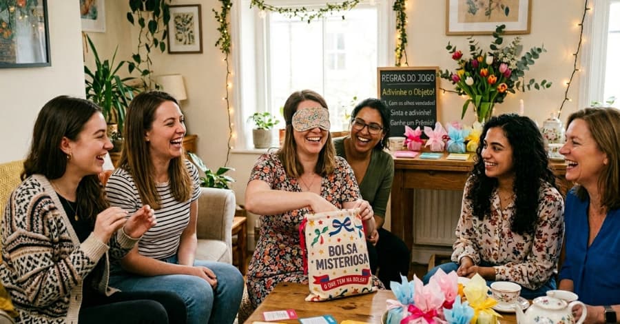 Mulheres animadas participando de brincadeiras durante um chá de casa nova, com jogos, premiações e decoração festiva ao fundo.