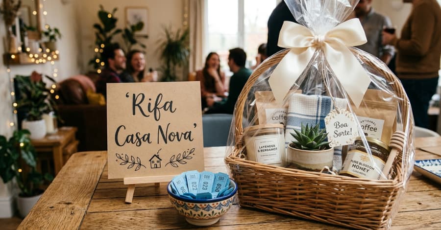 Mesa com bilhetes de rifa numerados e cesta de presentes decorada para rifa de chá de casa nova com itens domésticos.