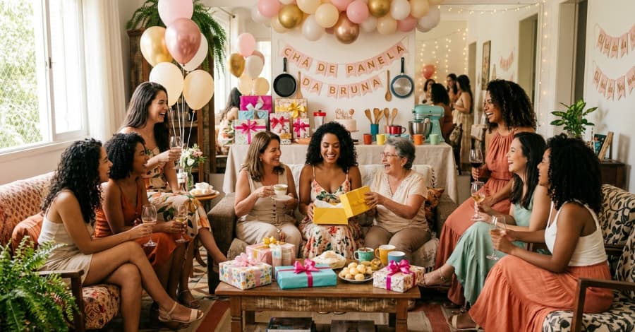 Grupo de mulheres reunidas em um chá de panela decorado com utensílios de cozinha, balões e presentes embrulhados sobre a mesa.