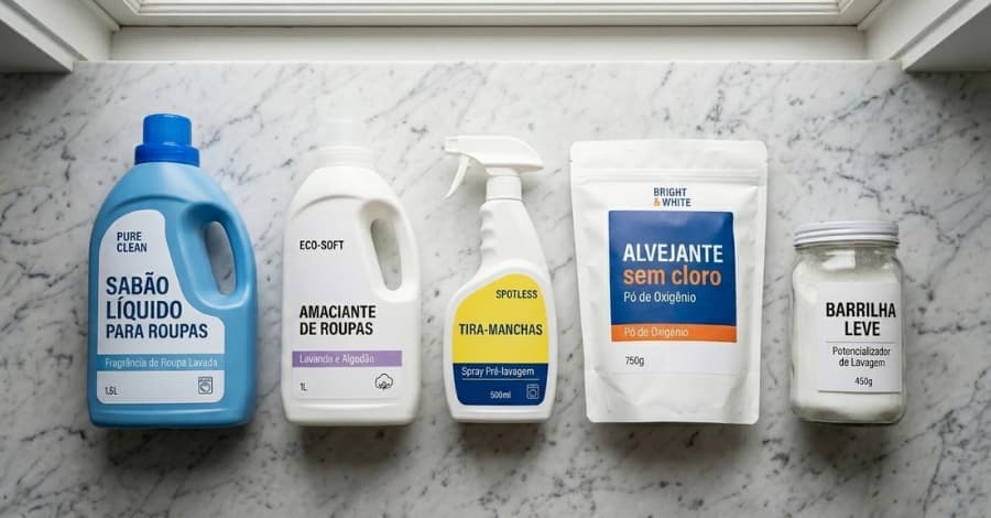 Produtos de limpeza essenciais para o enxoval de lavanderia organizados sobre uma bancada branca, incluindo detergente, amaciante e tira-manchas.