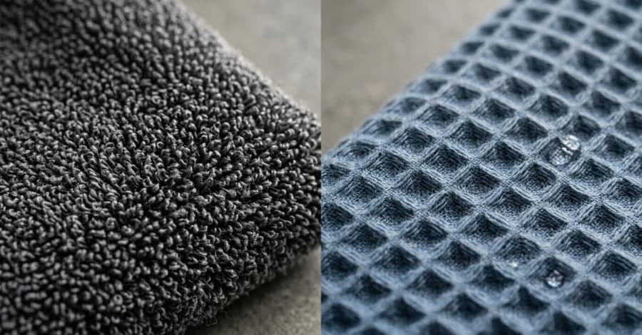 Detalhe das fibras têxteis de alta qualidade que compõem um enxoval de limpeza bom.