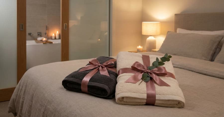 Sugestão de presente para enxoval de banho casamento, com toalhas premium amarradas por fita decorativa.
