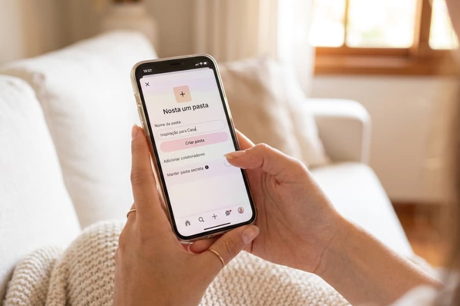 Mãos segurando celular com o aplicativo do Pinterest aberto na criação de uma nova pasta, mostrando como usar o Pinterest para planejar a decoração do chá de casa nova.