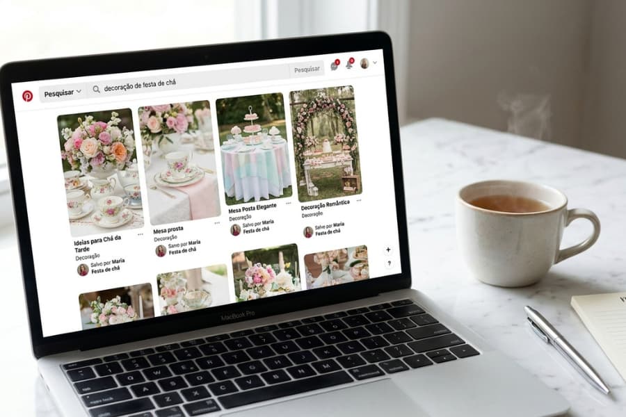 Tela de laptop mostrando resultados de pesquisa no Pinterest com decorações, exemplificando como usar o Pinterest para planejar a decoração do chá de panela de forma organizada.