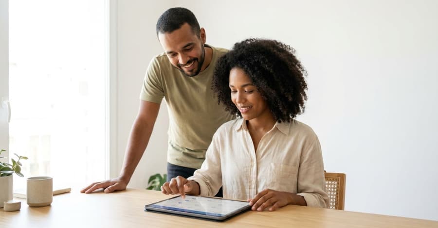 Um casal sorridente conferindo a lista de enxoval de casa nova usando um tablet.