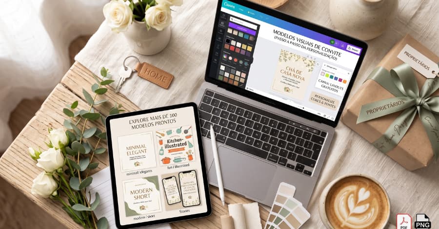 Cenário elegante com um notebook aberto no editor do Canva e um tablet mostrando diferentes opções de templates visuais para editar o convite com a frase para convite de chá de casa nova escolhida, acompanhados por uma paleta de cores e ícones de formato PNG e PDF.