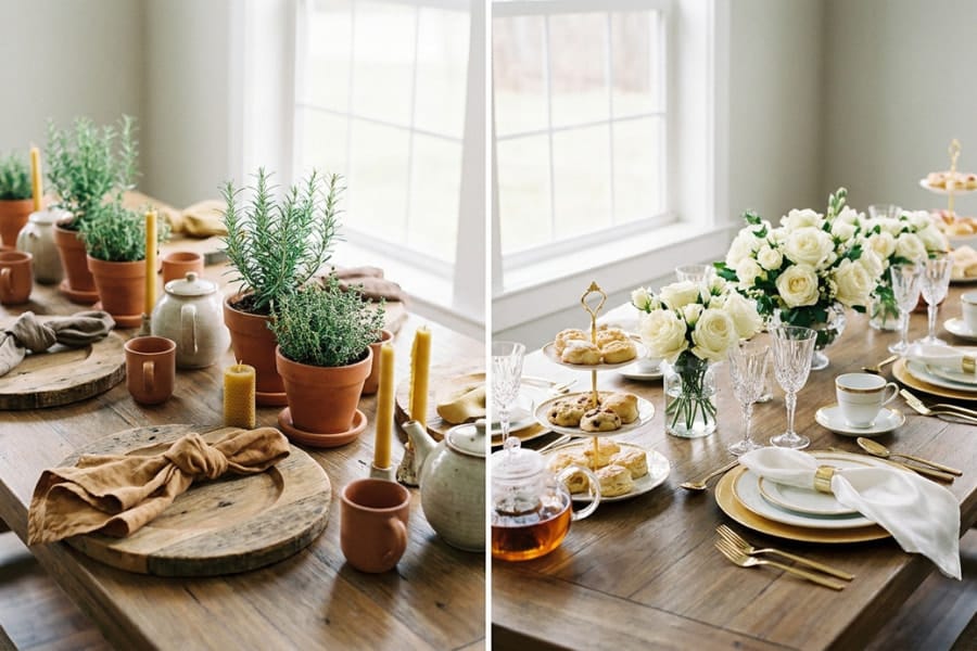 Duas mesas decoradas com temas diferentes para chá, ilustrando ideias de decoração encontradas ao usar o Pinterest para planejar a decoração do chá de casa nova e chá de panela.