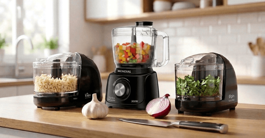 Três modelos diferentes de mini processadores de alimentos alinhados lado a lado em uma bancada de cozinha com temperos diversos picados nos copos, ideal para comparar as características técnicas e entender se o mini processador kian é bom em relação aos concorrentes.