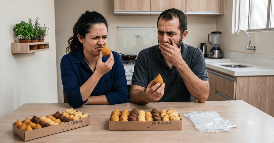 Um casal em uma cozinha moderna segurando salgadinhos de festa com expressões de nojo; a mulher cheira franzindo o nariz, enquanto o homem segura outro cobrindo a boca com a mão percebendo que erraram no planejamento do cardápio do chá de casa nova que irão fazer.
